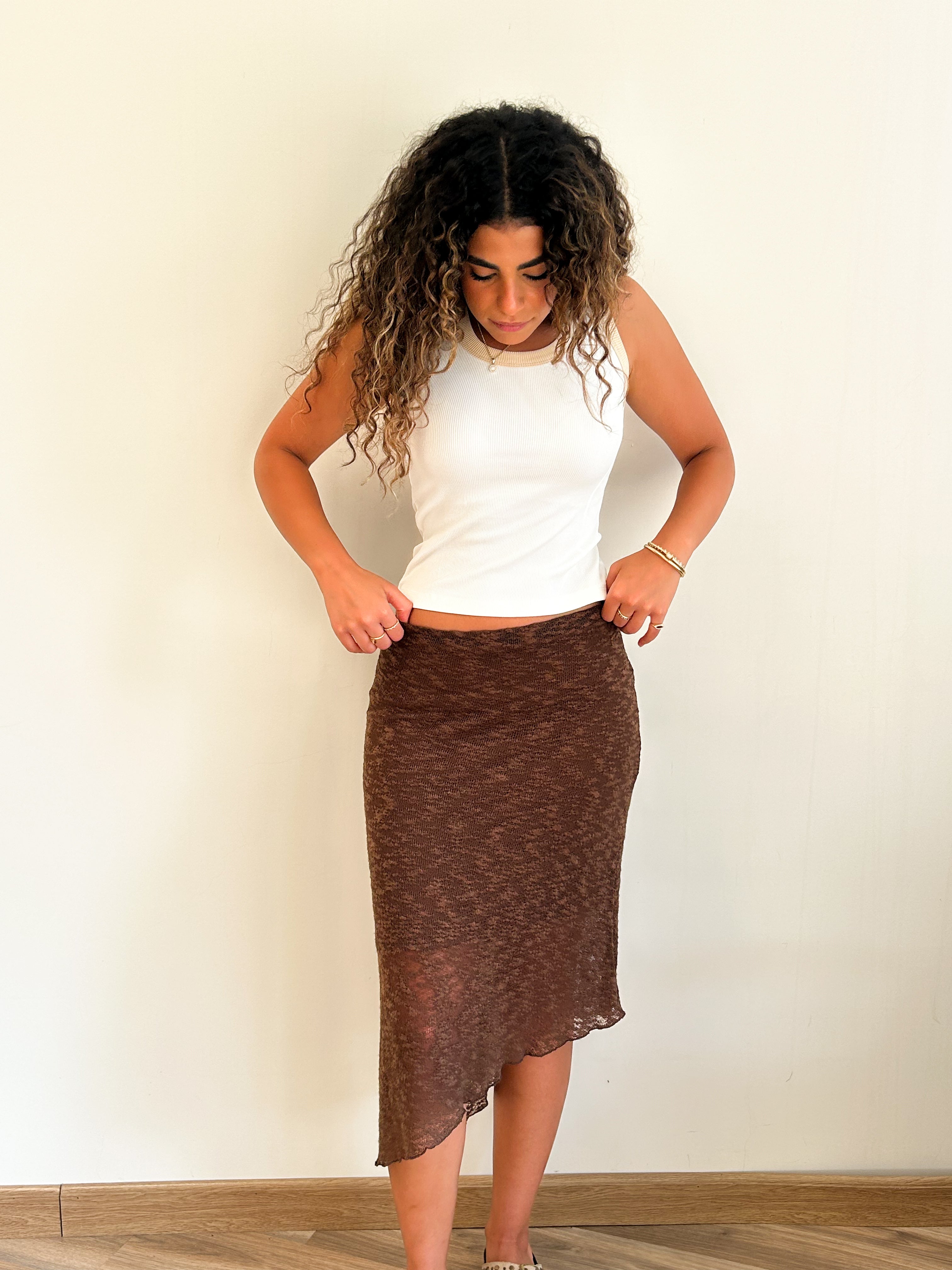 Brown textured asymmetric skirt