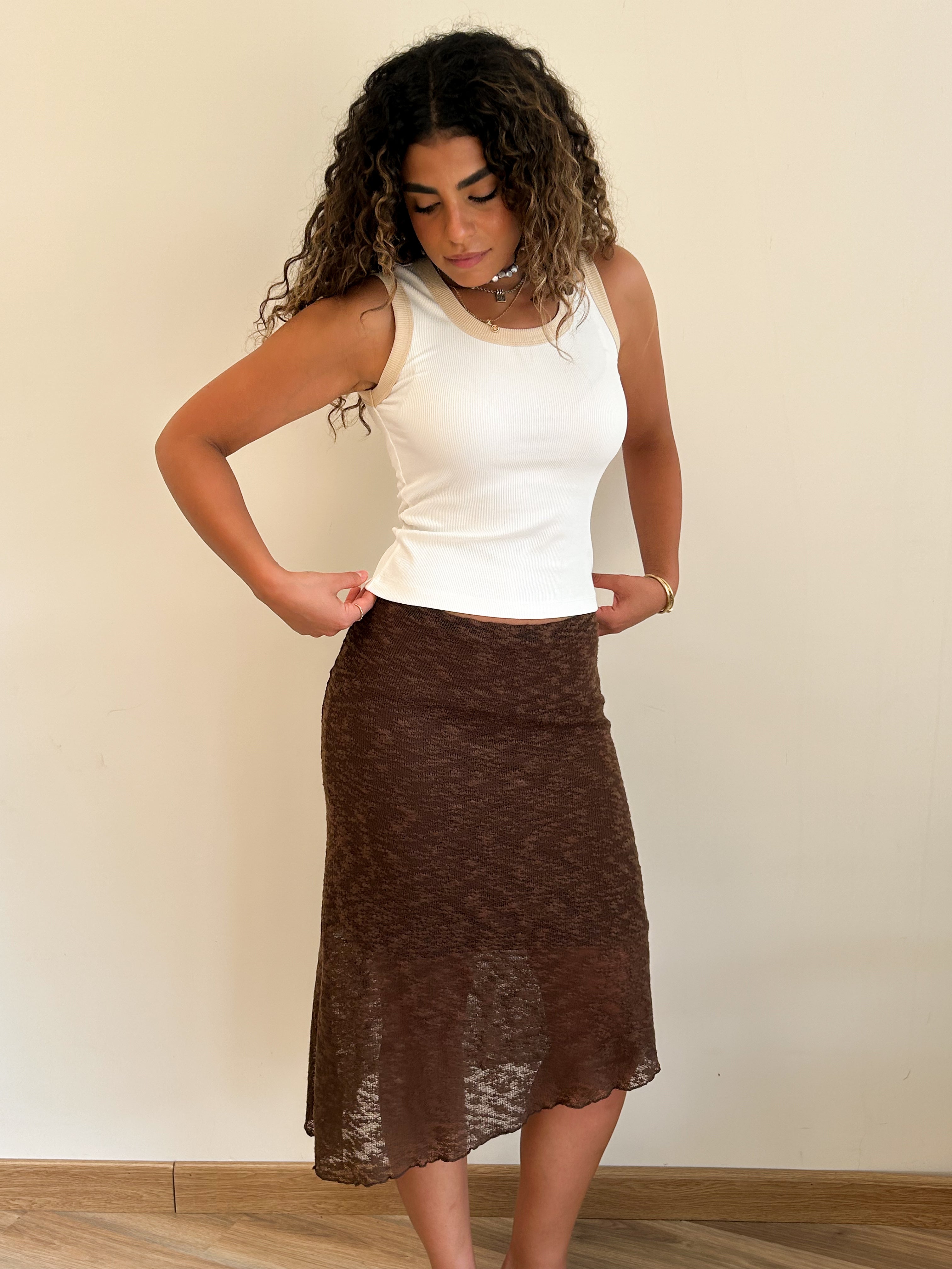 Brown textured asymmetric skirt