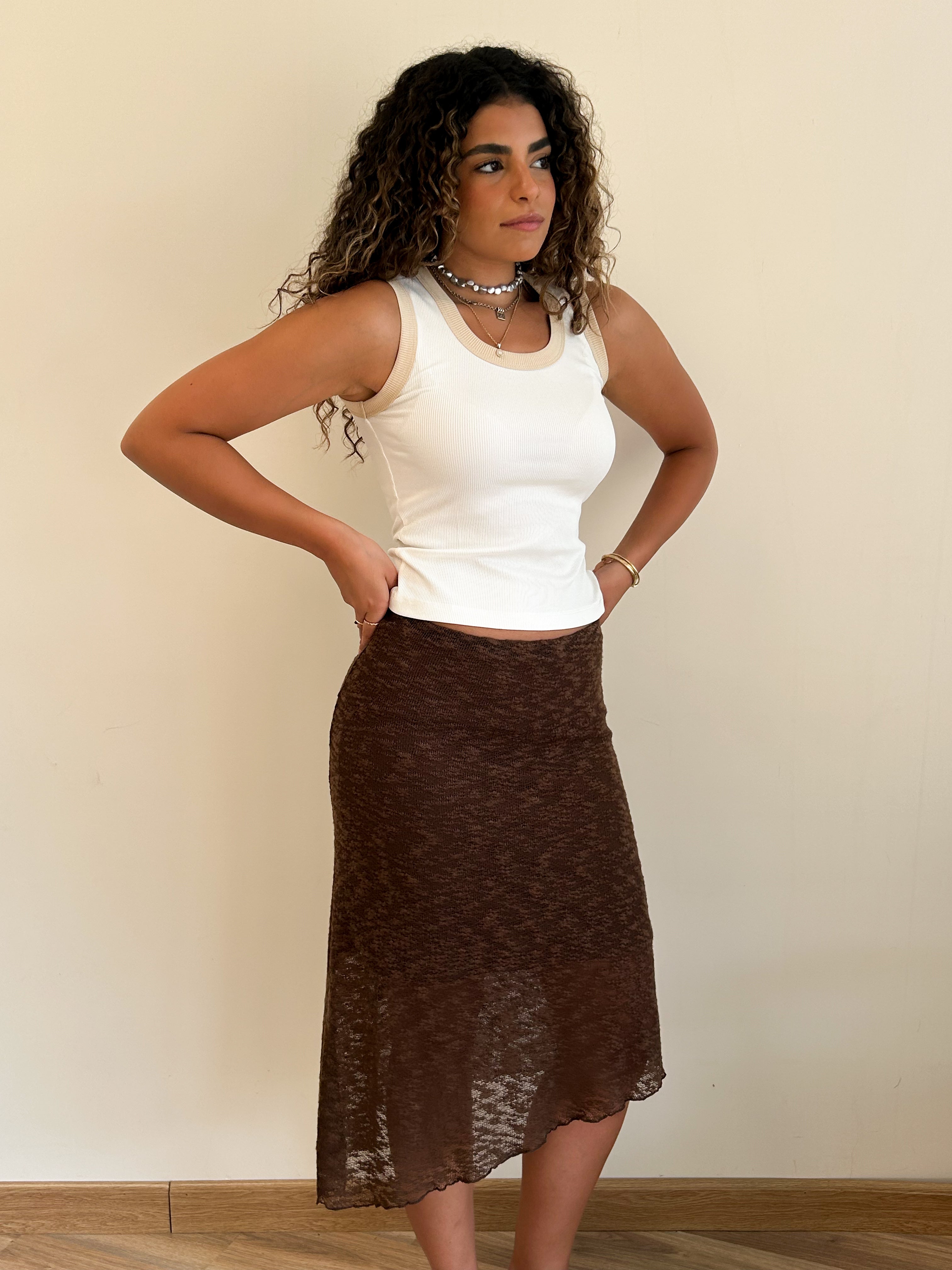Brown textured asymmetric skirt